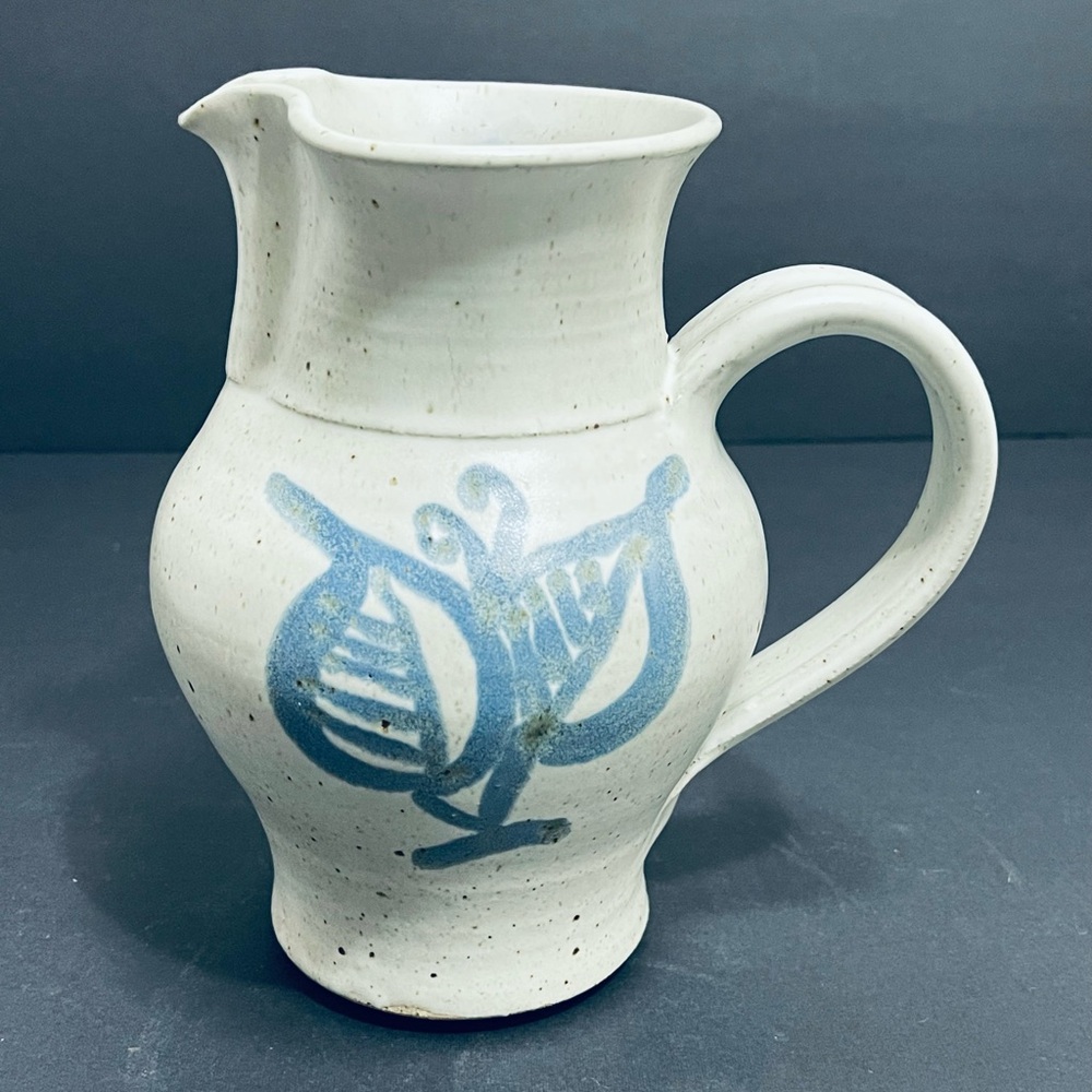 Vintage Studio Art Pottery Gray Stoneware Jug/Vase With Blue Leaf Detail 6.75”
